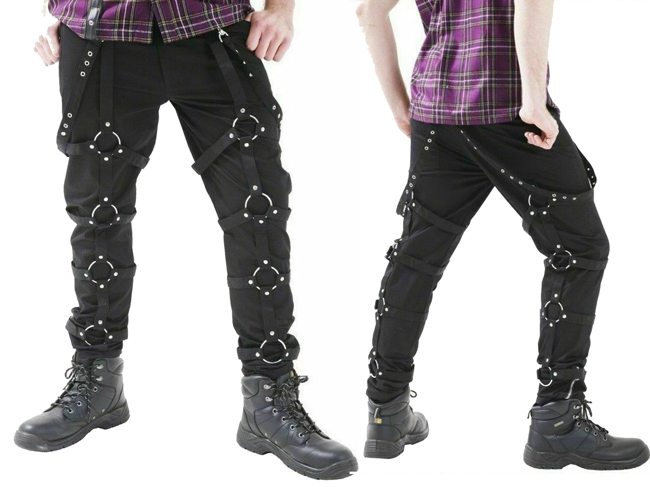 Men's Gothic Electro Bondage Techno Pant Black Punk Goth Round Circle in Trousers