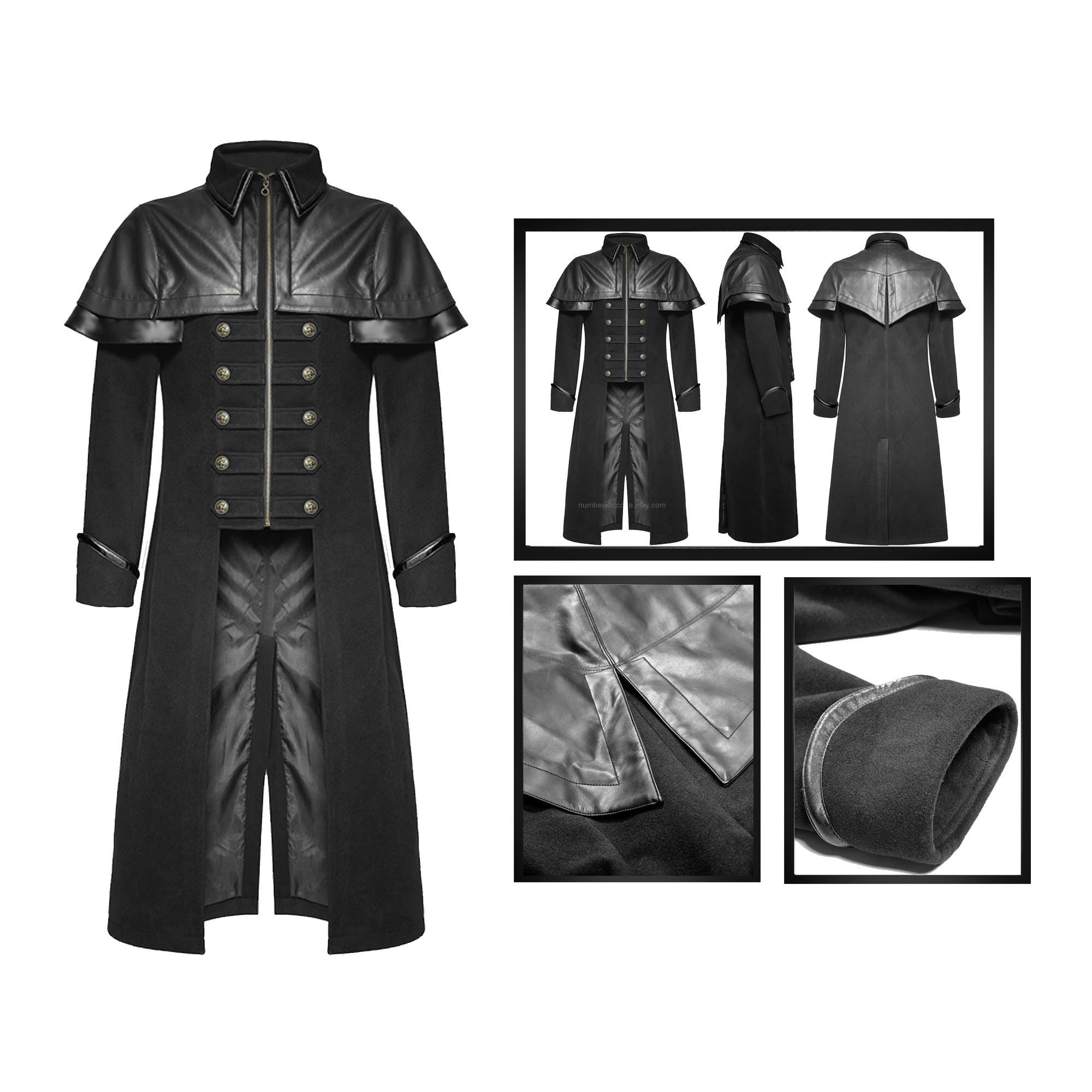 Men's Black Long Coat Gothic Highwayman Steampunk VTG Military Jacket