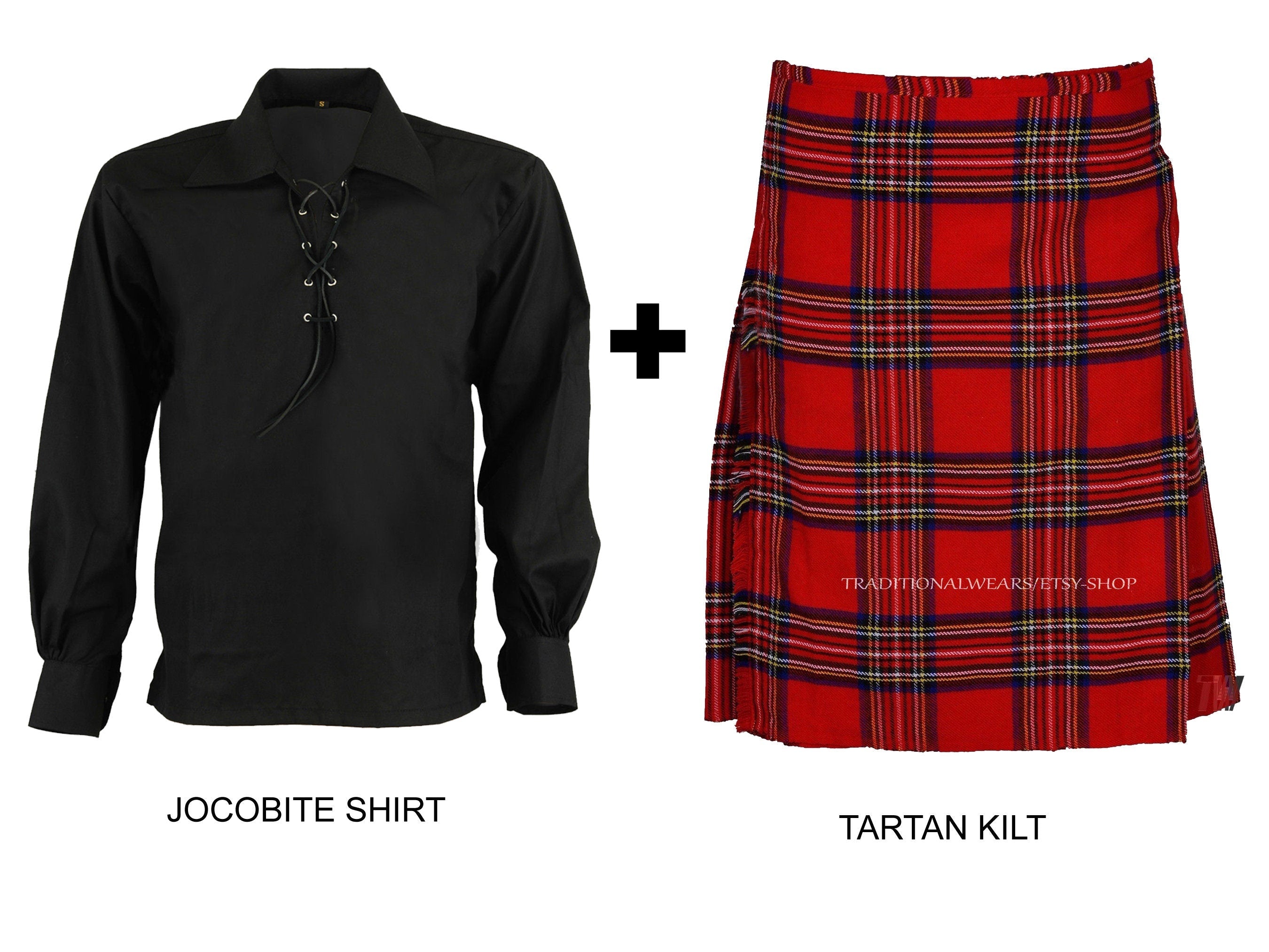 Men's Scottish Highland Traditional 6-yard Tartan Kilts With Black Jacobite Ghillie Shirt-All Sizes