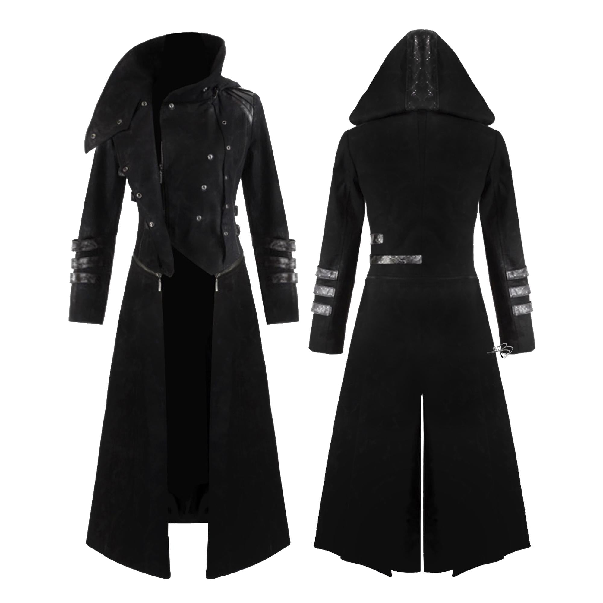 Men's Black Steampunk Military Trench Jacket Gothic Long Coat Scorpion Hooded Trench