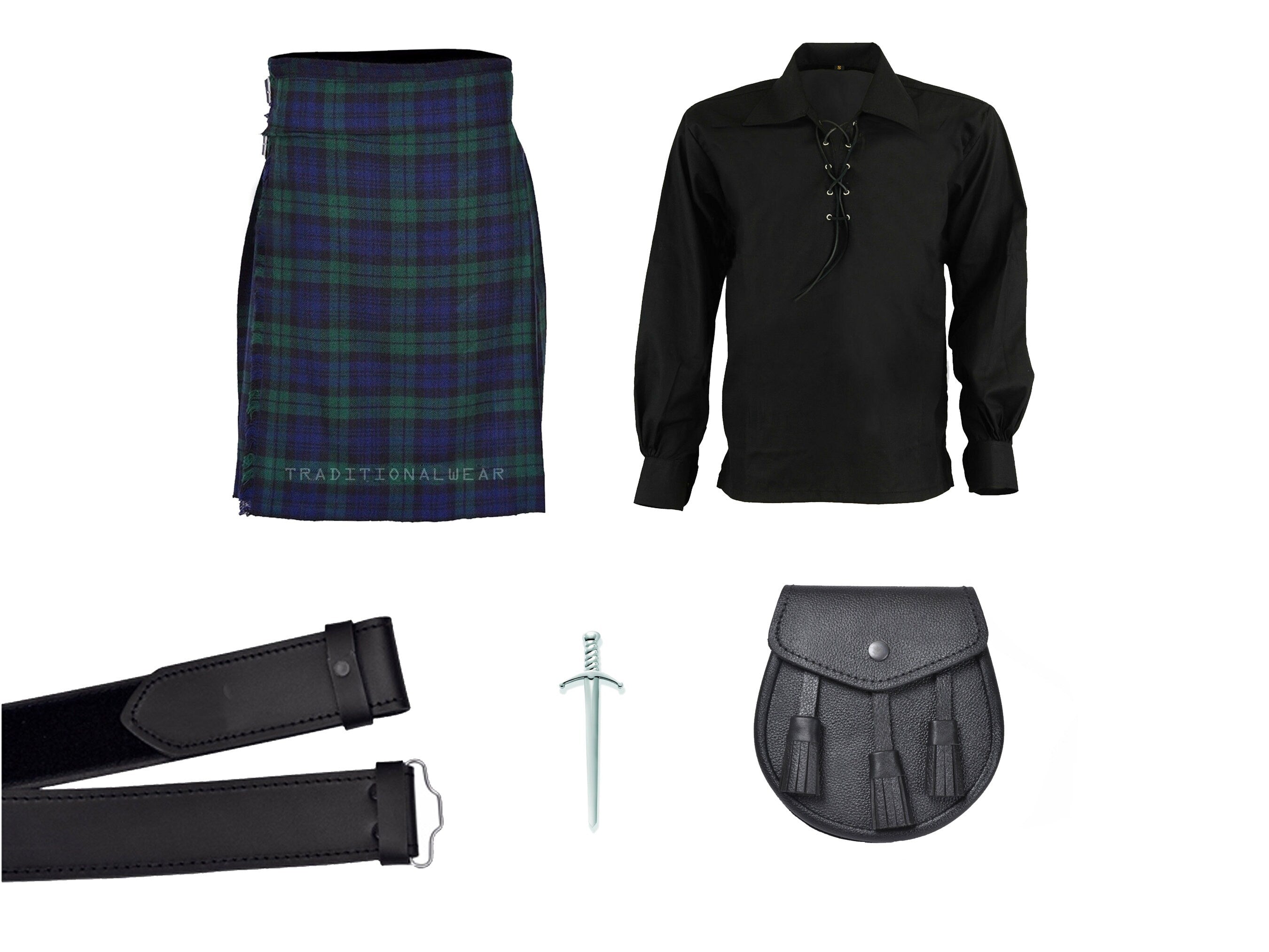 Black watch Tartan kilt 5 Pcs Scottish Men Package 6 Yards Kilt Shirt Sporran Kilt Pin Belt