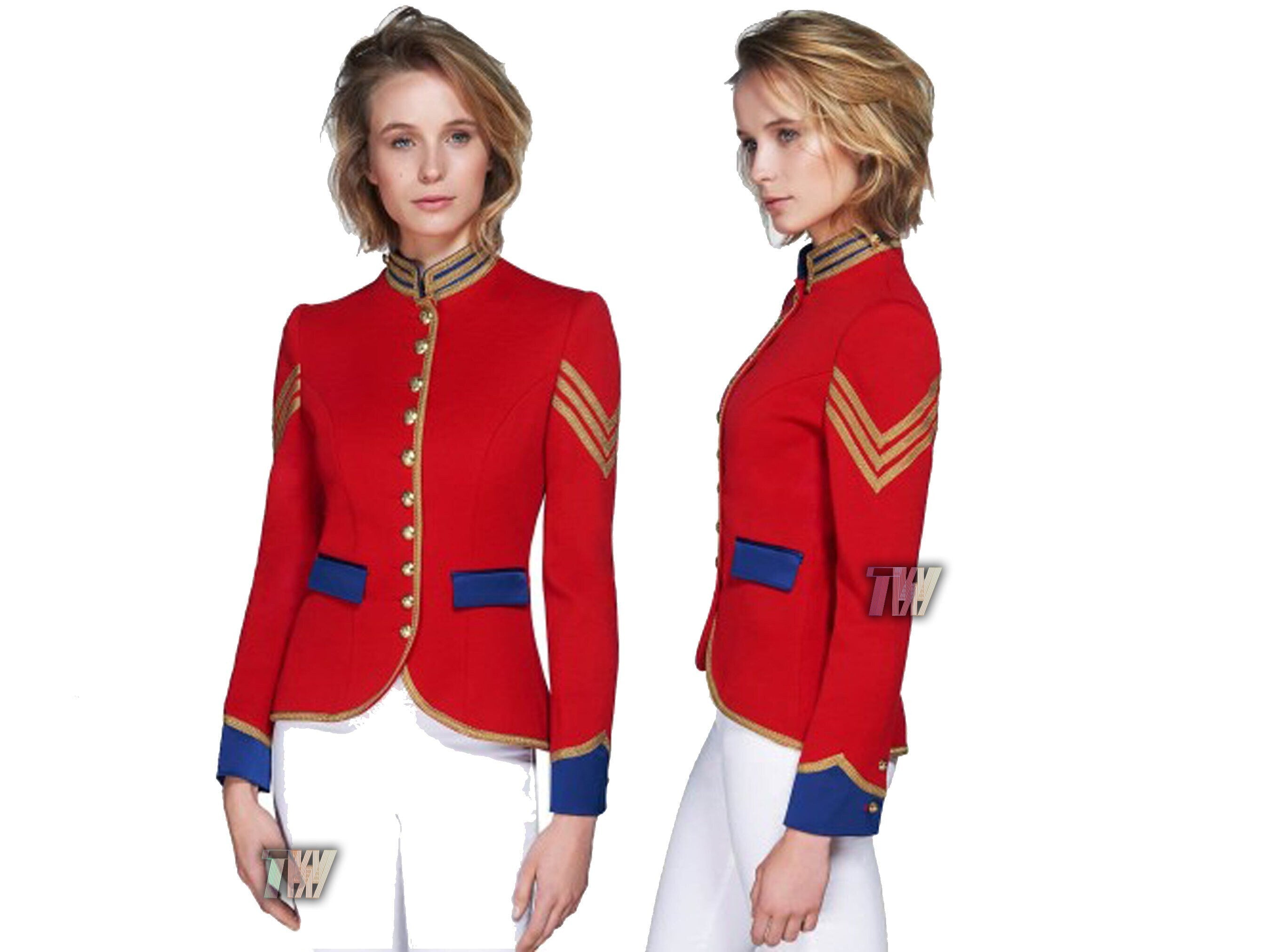 Women Red Cotton Military Officer Blazer Commander Officer Hussar Banned Jacket Coat