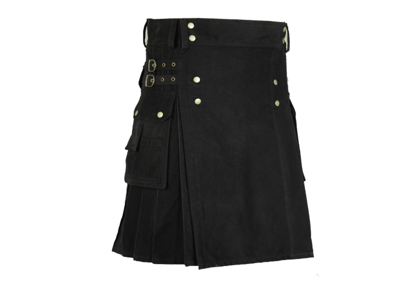 Black Active Men Deluxe Utility Kilt With Side Straps & Buckle Handmade Heavy Duty Cotton