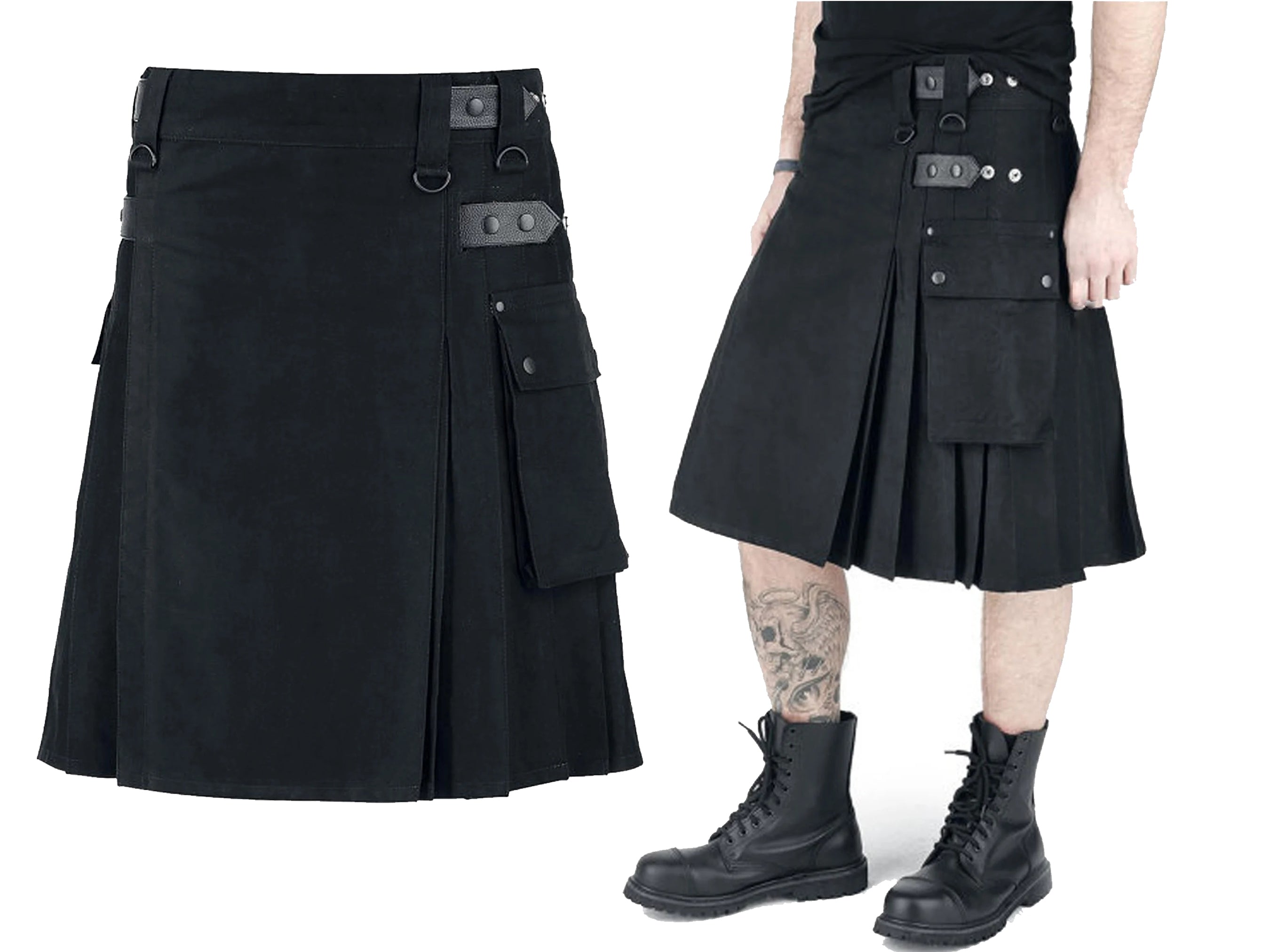 Men Black Active Modern Adjustable Leather Straps Heavy Duty Utility Kilt