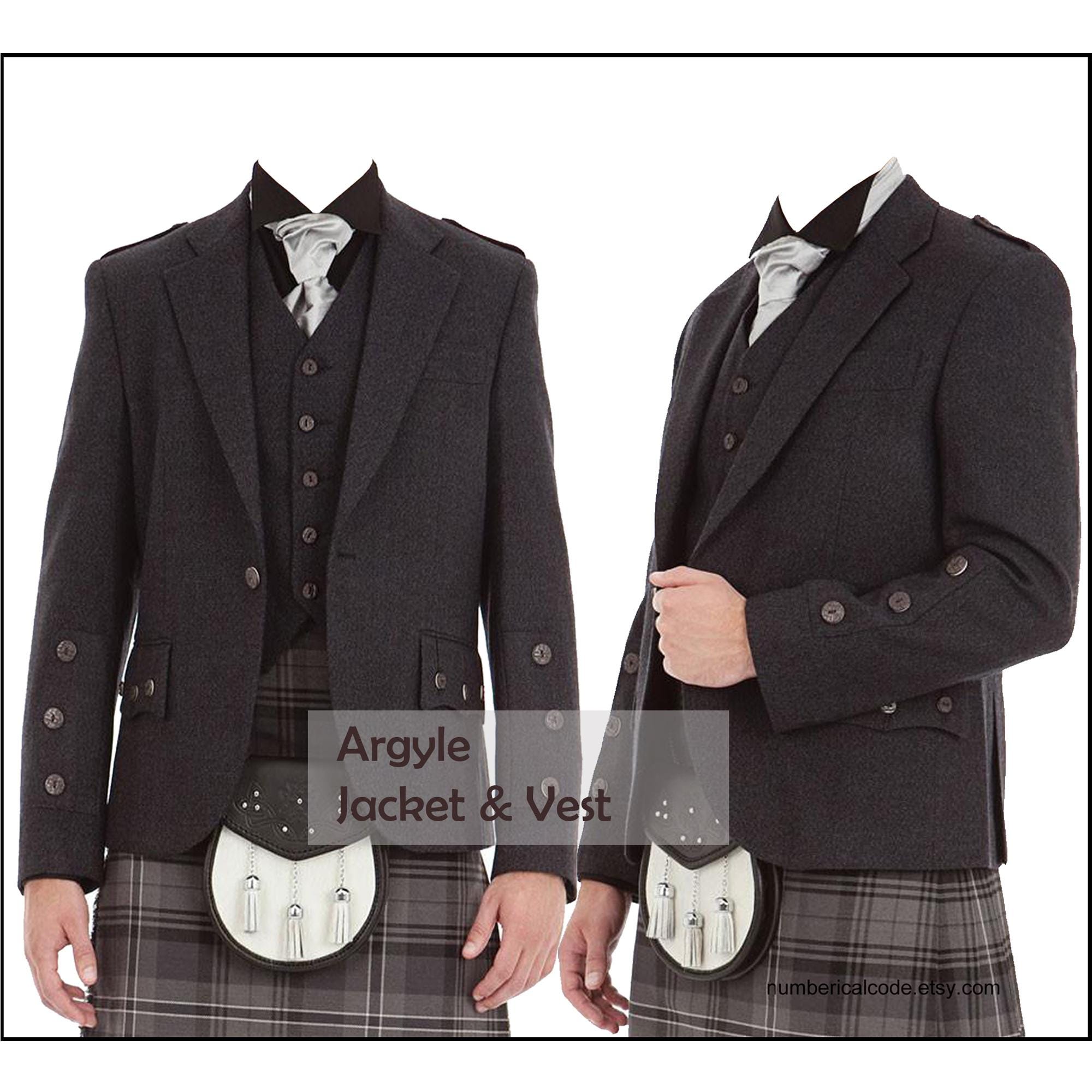 Men’s Wool Scottish Highland Braemar Argyle Kilt Jacket with Waistcoat - Grey Black